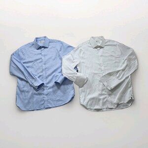 M&S Savile Row Inspired Dress Shirt Mens 42 Set of 2 White Blue LS Luxury Cotton